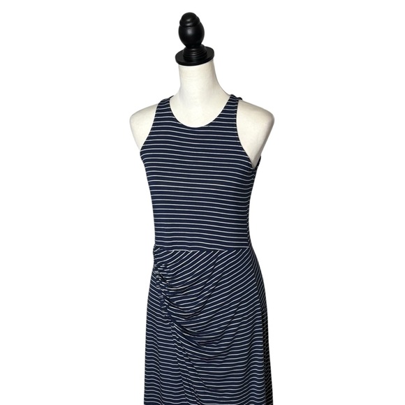 NWT Gap Navy Striped Ruched Sleeveless Midi Dress Size S Lightweight Stretch - Picture 4 of 11